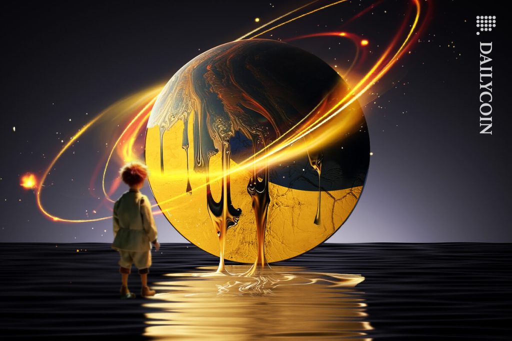 Terra Luna is dripping in gold paint and glowing, little prince character is watching.