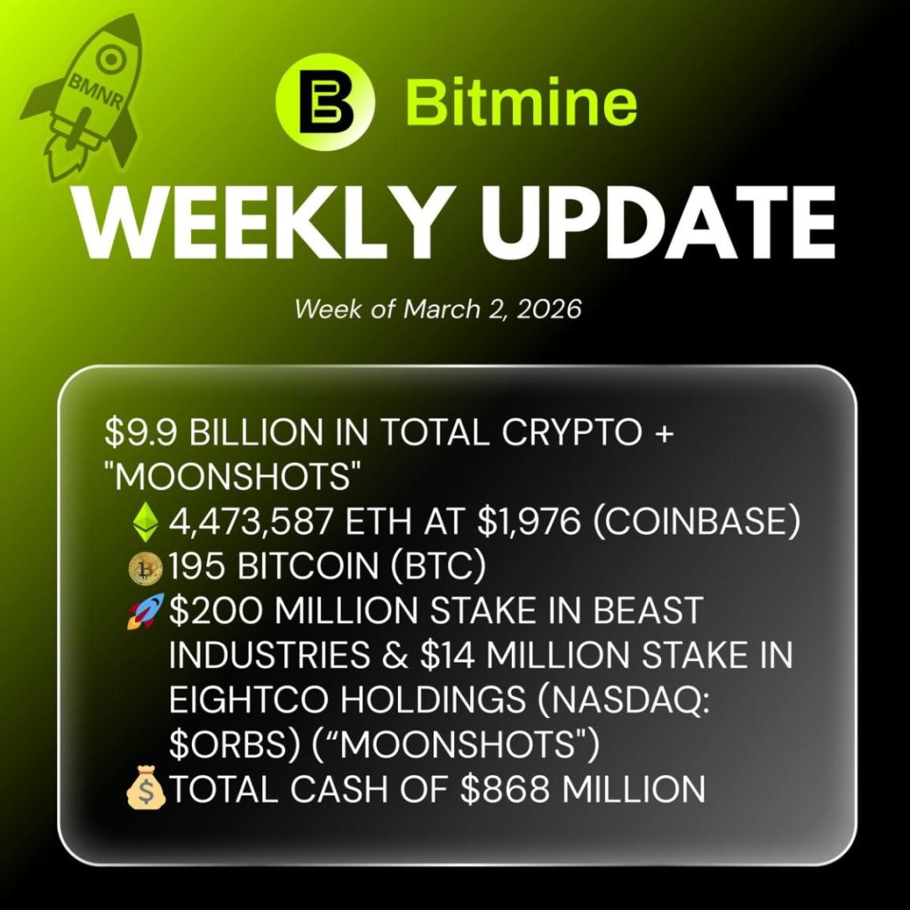 Bitmine Immersion Technologies (BMNR) Announces ETH Holdings Reach 4.474 Million Tokens, And Total Crypto And Total Cash Holdings Of $9.9 Billion Bitmine Immersion Technologies (BMNR) Announces ETH Holdings Reach 4.474 Million Tokens, And Total Crypto And Total Cash Holdings Of $9.9 Billion