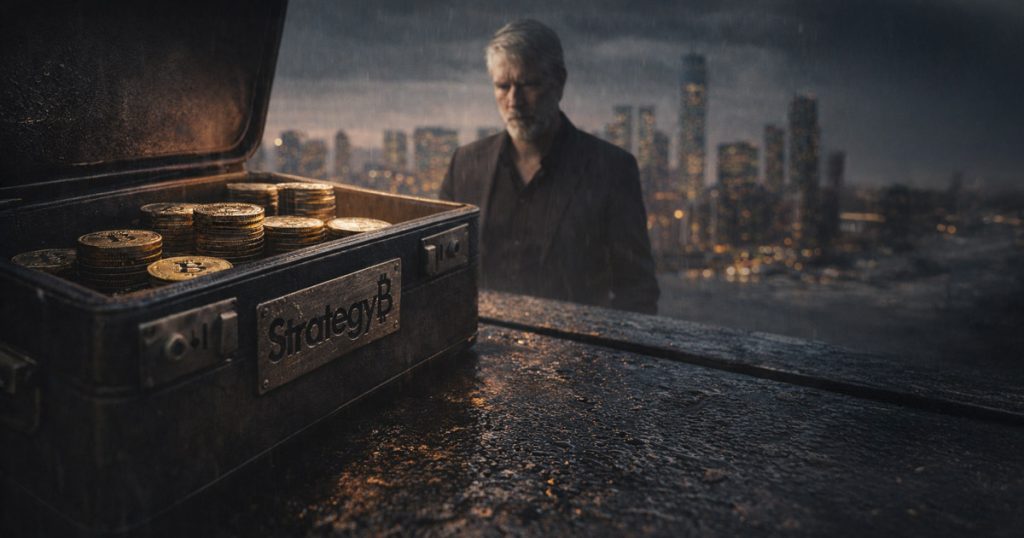 Bitcoin mining scene with a large BTC embedded in rock and industrial rigs in the background, symbolizing Strategy accumulating 66,231 Bitcoin in 68 days as STRC quietly funds the buying surge