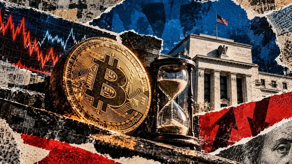 Bitcoin option buyers face a Fed-week premium that can fade after the decision Editorial collage depicting a gold Bitcoin coin, sand-filled hourglass, Federal Reserve building and red and white volatility lines.